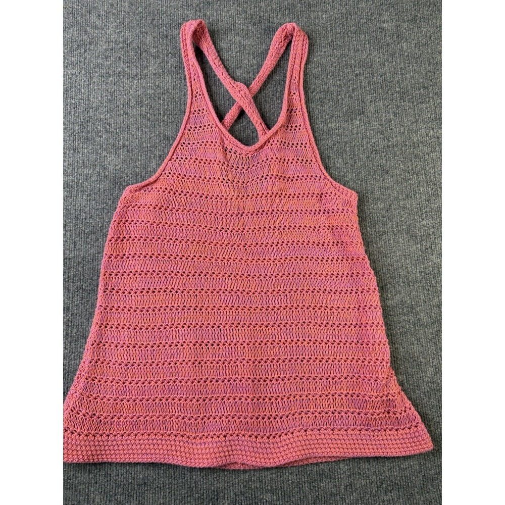 American Eagle Crochet Knit Tank Top Pink Criss Cross Back Women L Boho Beach‎